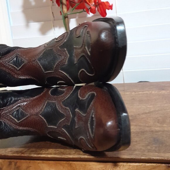 Women's Leather Tooled Snip Toe Brown Black J.B Dillon Cowboy Boots sz 7.5B - Picture 6 of 13